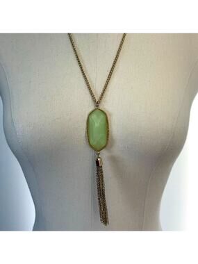 Green Stone Pendant Necklace Gold Tone Tassel Boho Statement 24.5-28"
